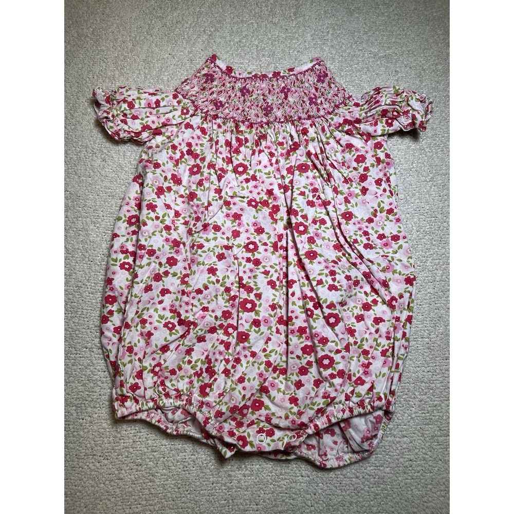 Stitchy Fish smocked Pink & Red Floral bubble romper 24 Months Spring
